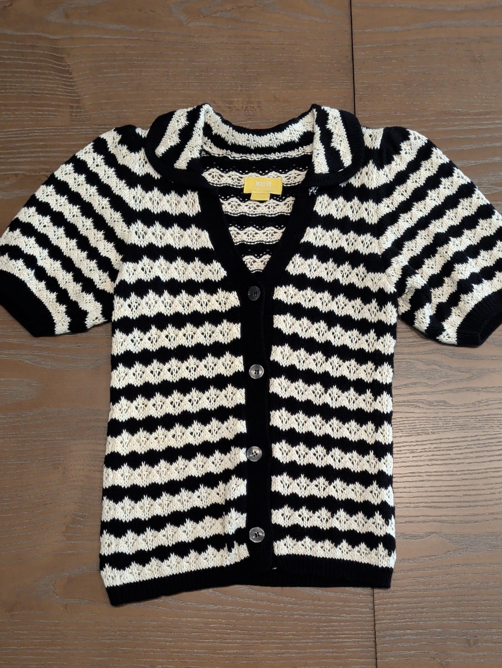 Black & Cream Striped Knit Button-Front Top, Maeve (XS)